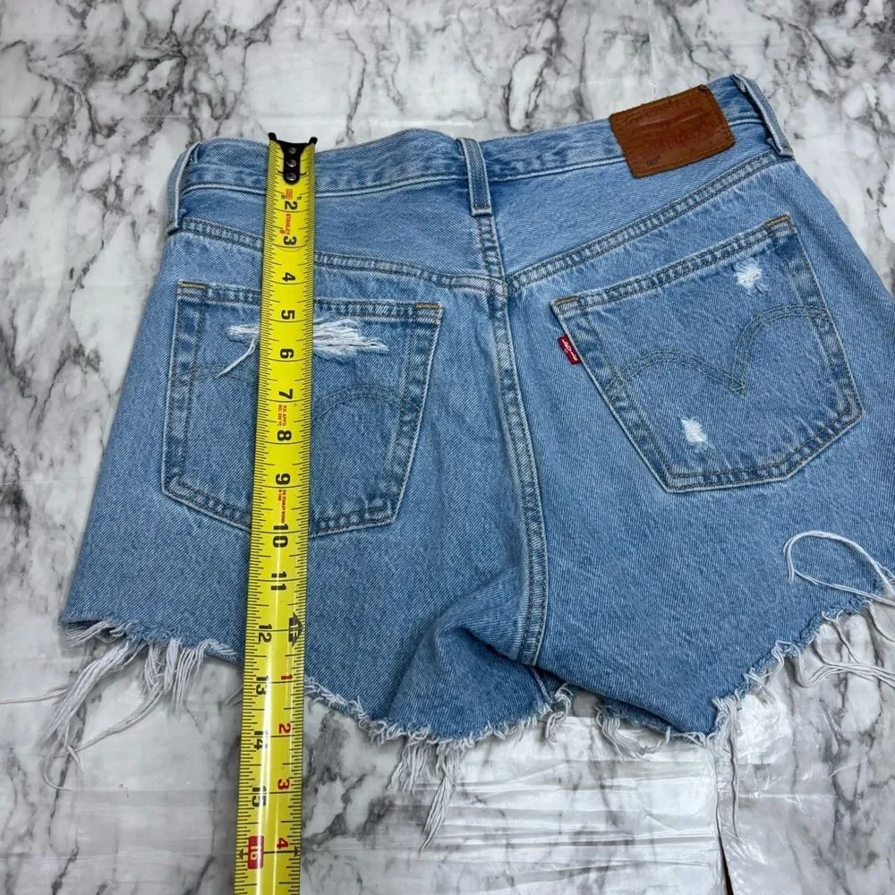 Levi’s button fly high rise vintage 90s Y2K distressed denim jean shorts size 27